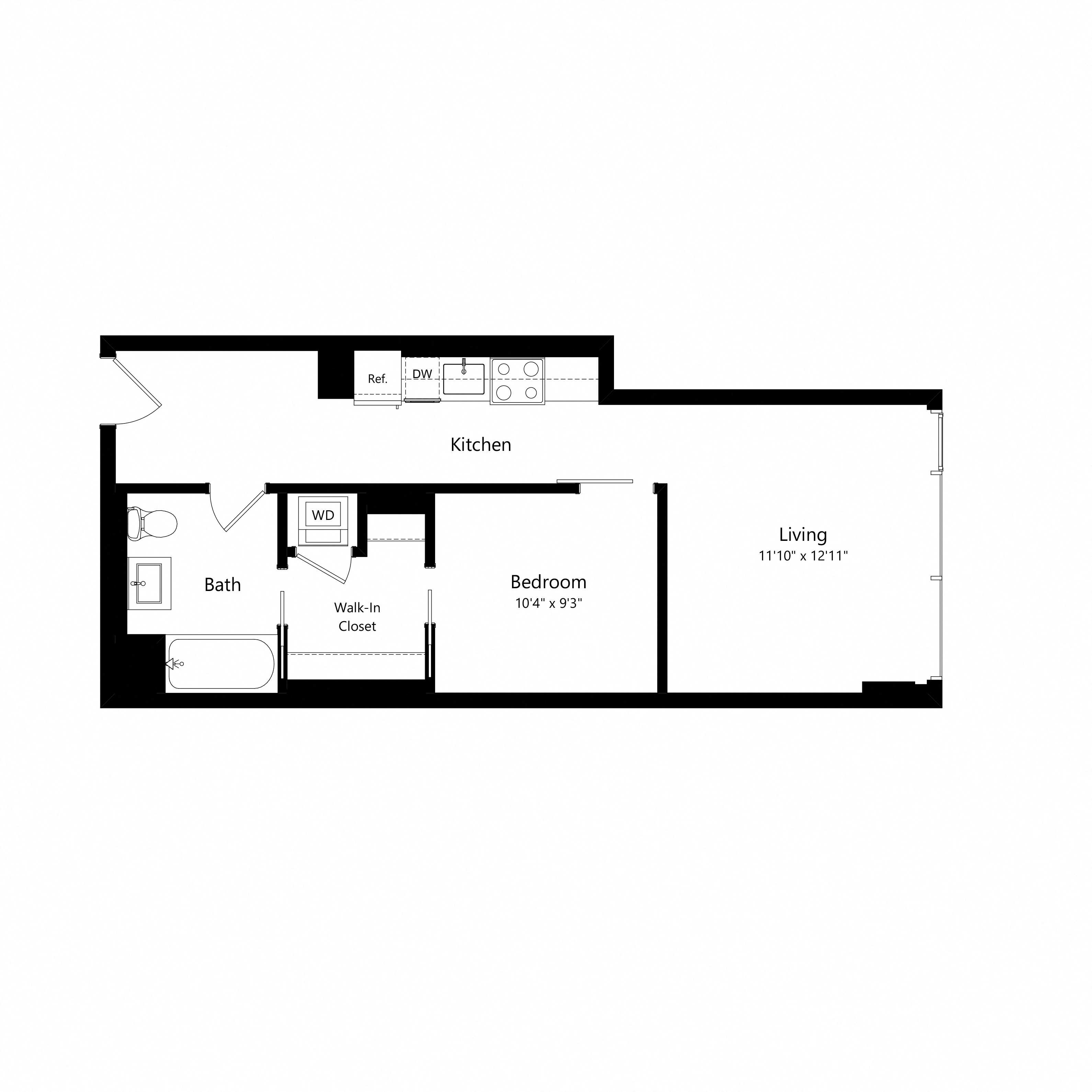 Floor plan for 1 bed, 1 bath, 569 sqft